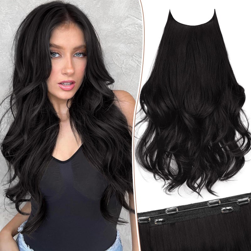 KooKaStyle Invisible Wire Hair Extensions Long Wavy Layered Synthetic Hair Extensions with Transparent Wire Adjustable Size 6 Secure Clips Natural Black Hairpieces for Women 20 Inch